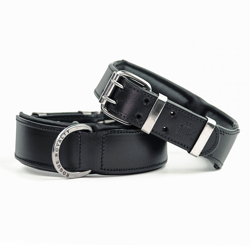 Front and side view of hand made black leather dog collars for big dogs.