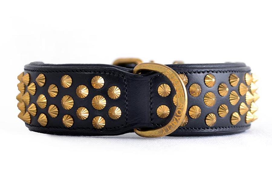 Front view of hand made black leather dog collar with brass fittings. 