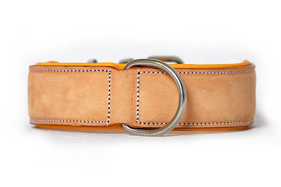 side front view of handmade bucksin leather dog collar