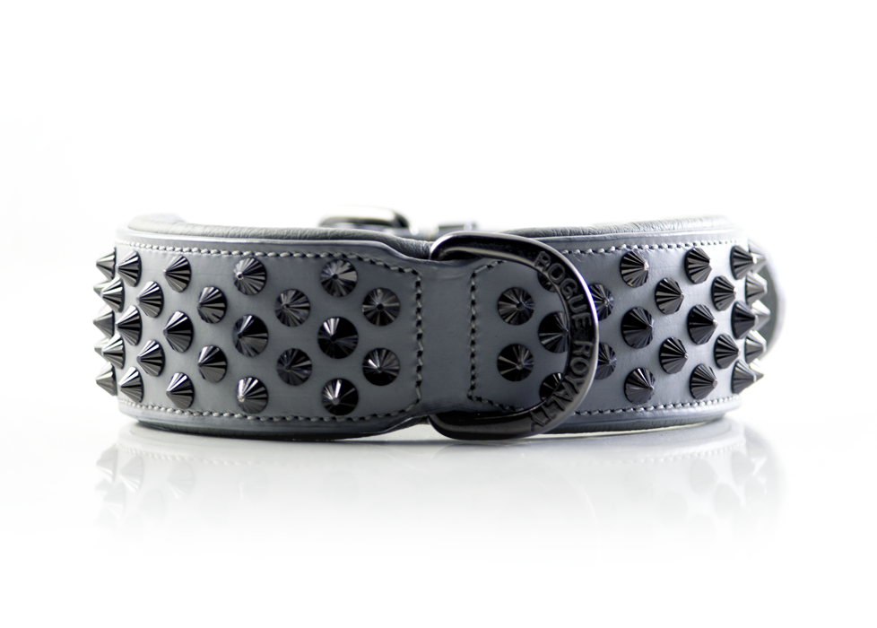 a  stunning contrast with our grey hand made leather collar paired with black studs
