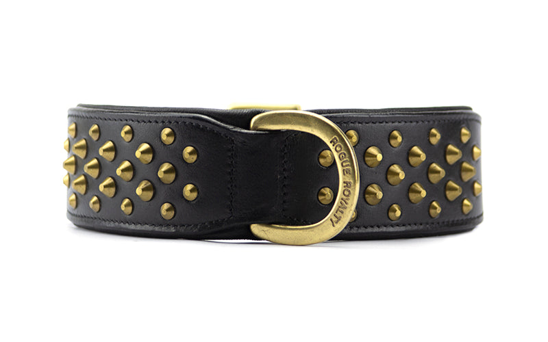 Quick Release Dog Collar in Black Leather and Brass Studs