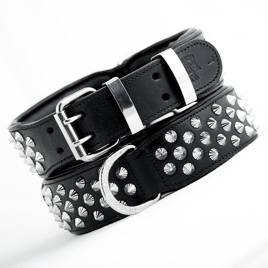 Front and back view of our Imperial black hand made leather collars.