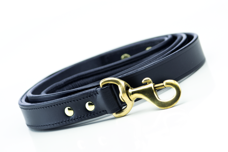 Side view of black &amp; brass leather leash with brass snap latch.