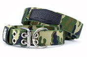Rear view of strong dog collars. Camo dog collar with stainless steel buckles for extra strength