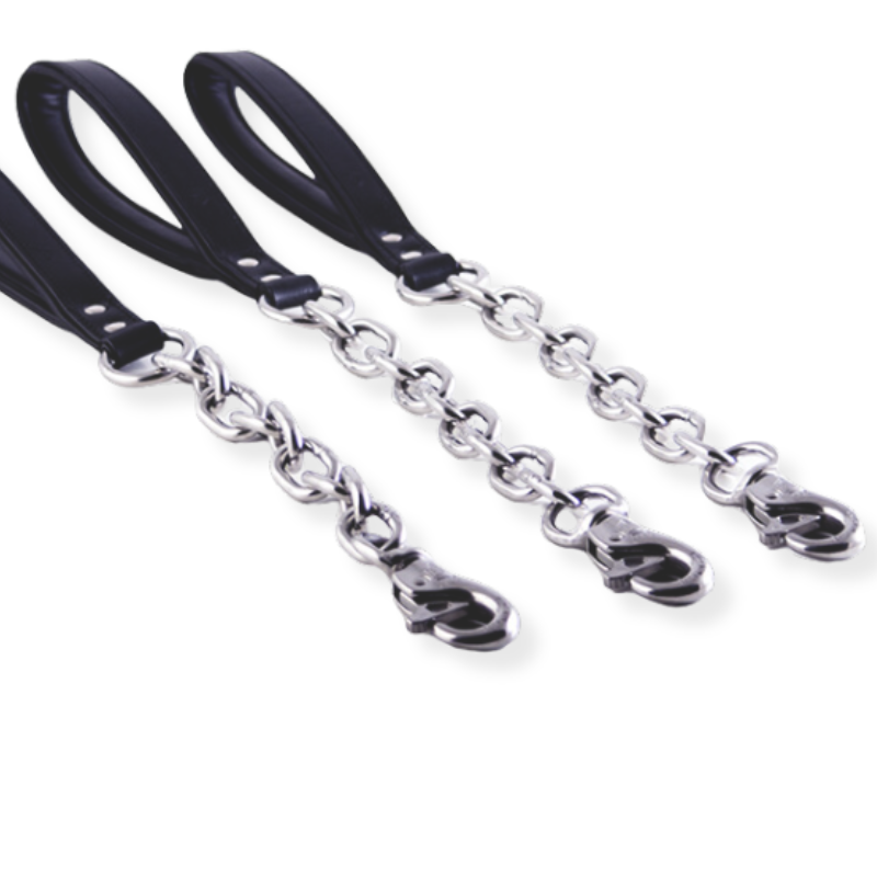 black leather dog leashes featuring sturdy metal chains, designed for durability and style in pet walking.