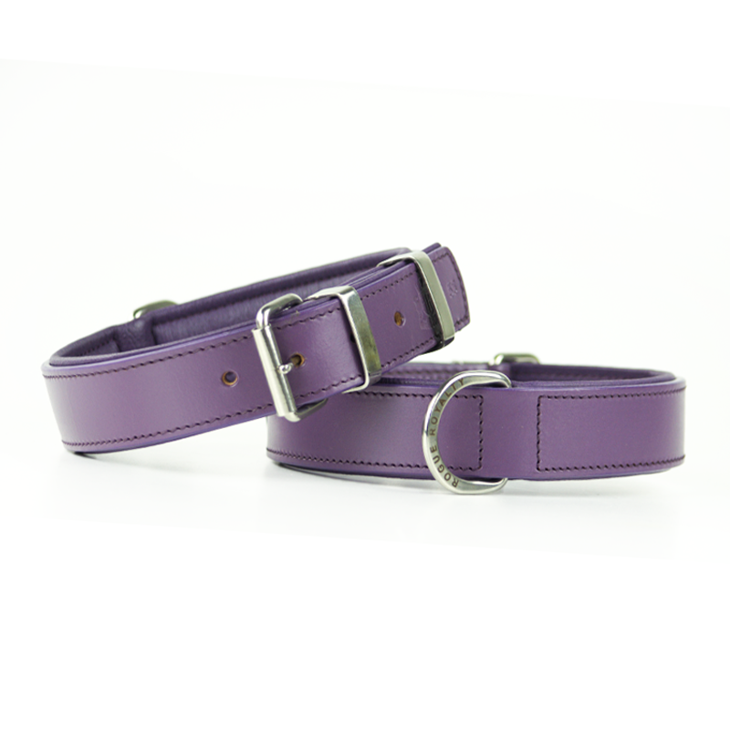 Handmade Leather Dog Collar Classic Purple & Chrome (Regular Fit)