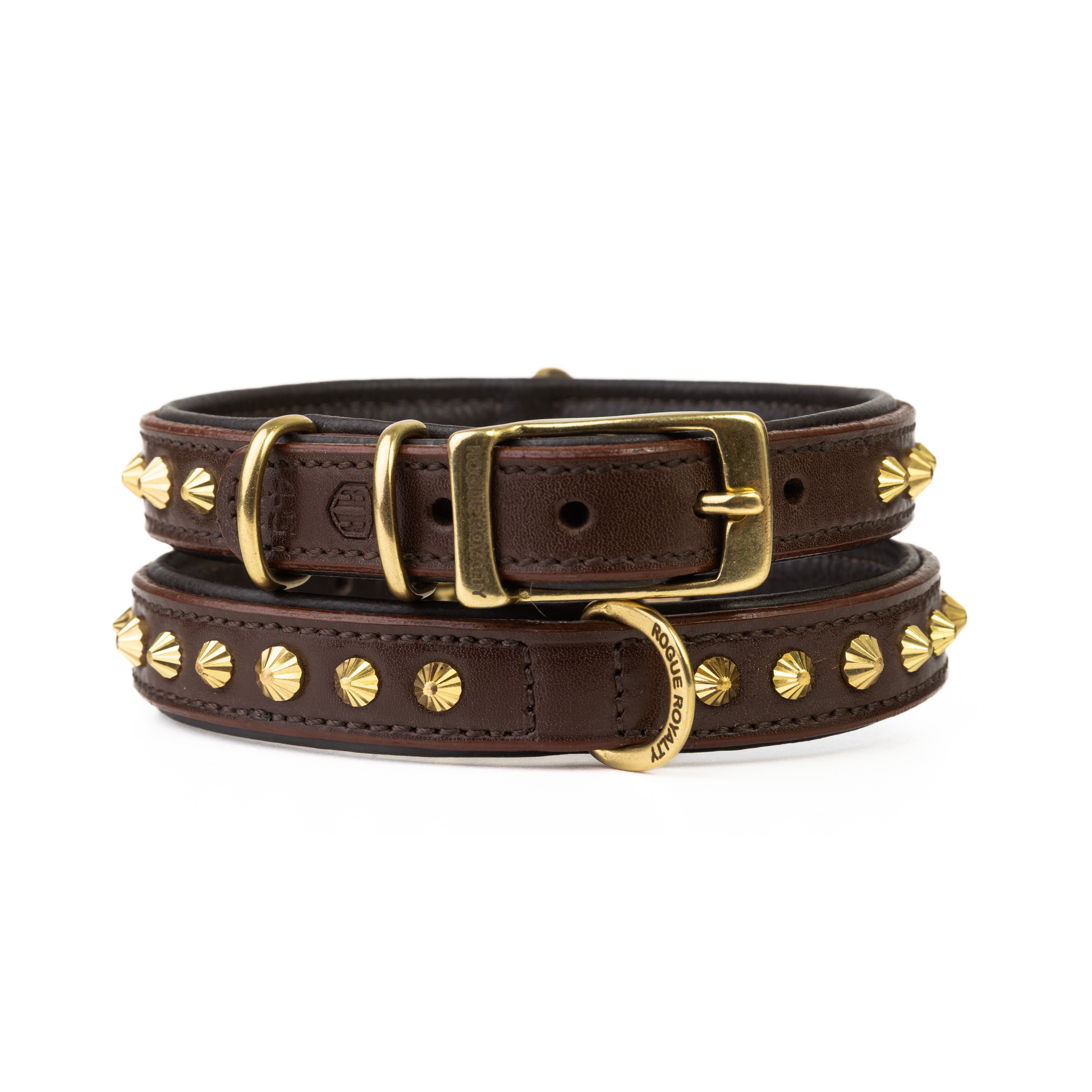 Hand Made Leather Dog Collar - Ruthless Brown & Brass (Slim Fit)