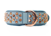 Hand Made Leather Dog Collar - Imperial Baby Blue & Rose Gold (Wide Fit)
