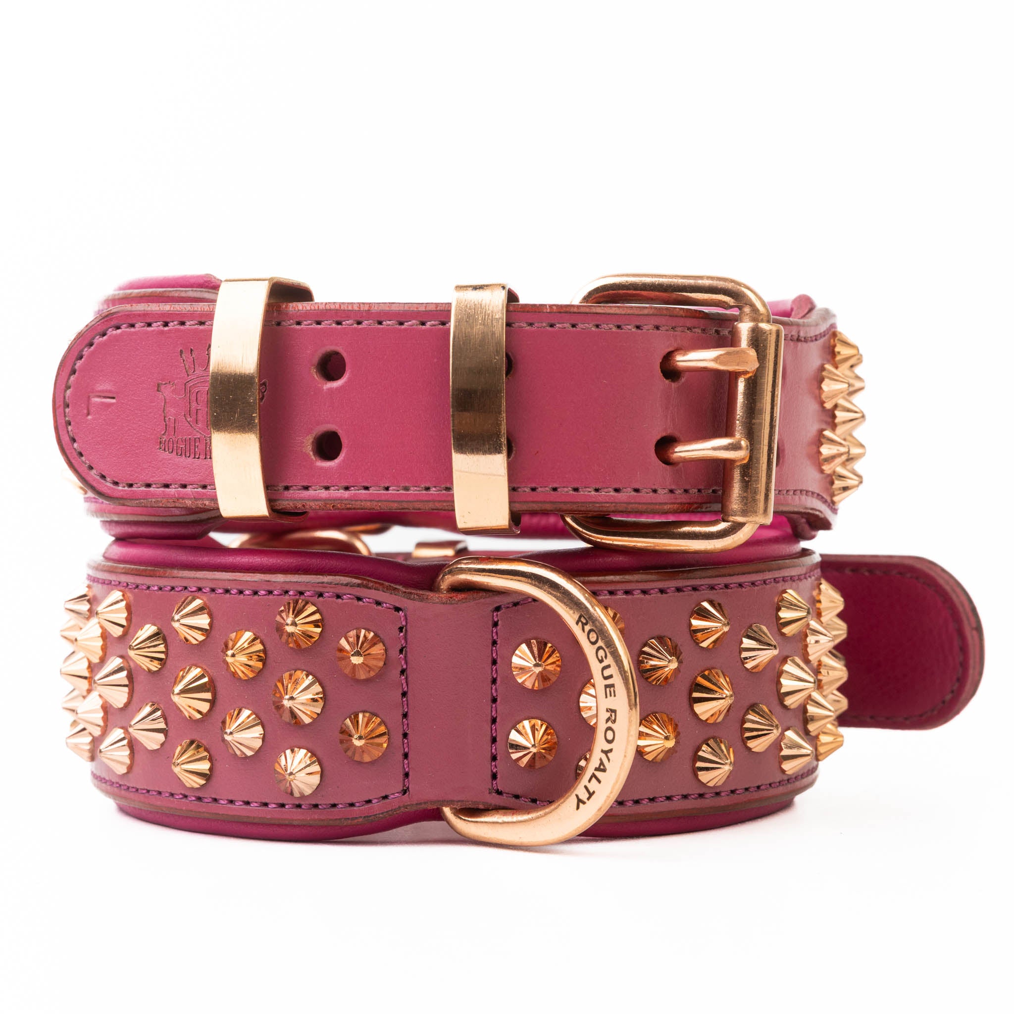 Hand Made Leather Dog Collar - Ruthless Pink & Rose Gold (Wide Fit)