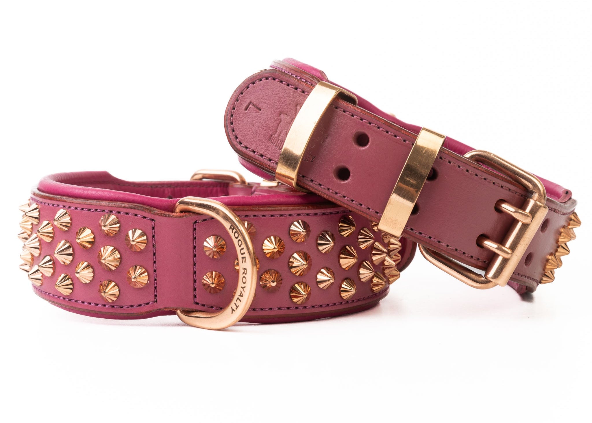 Hand Made Leather Dog Collar - Ruthless Pink & Rose Gold (Wide Fit)