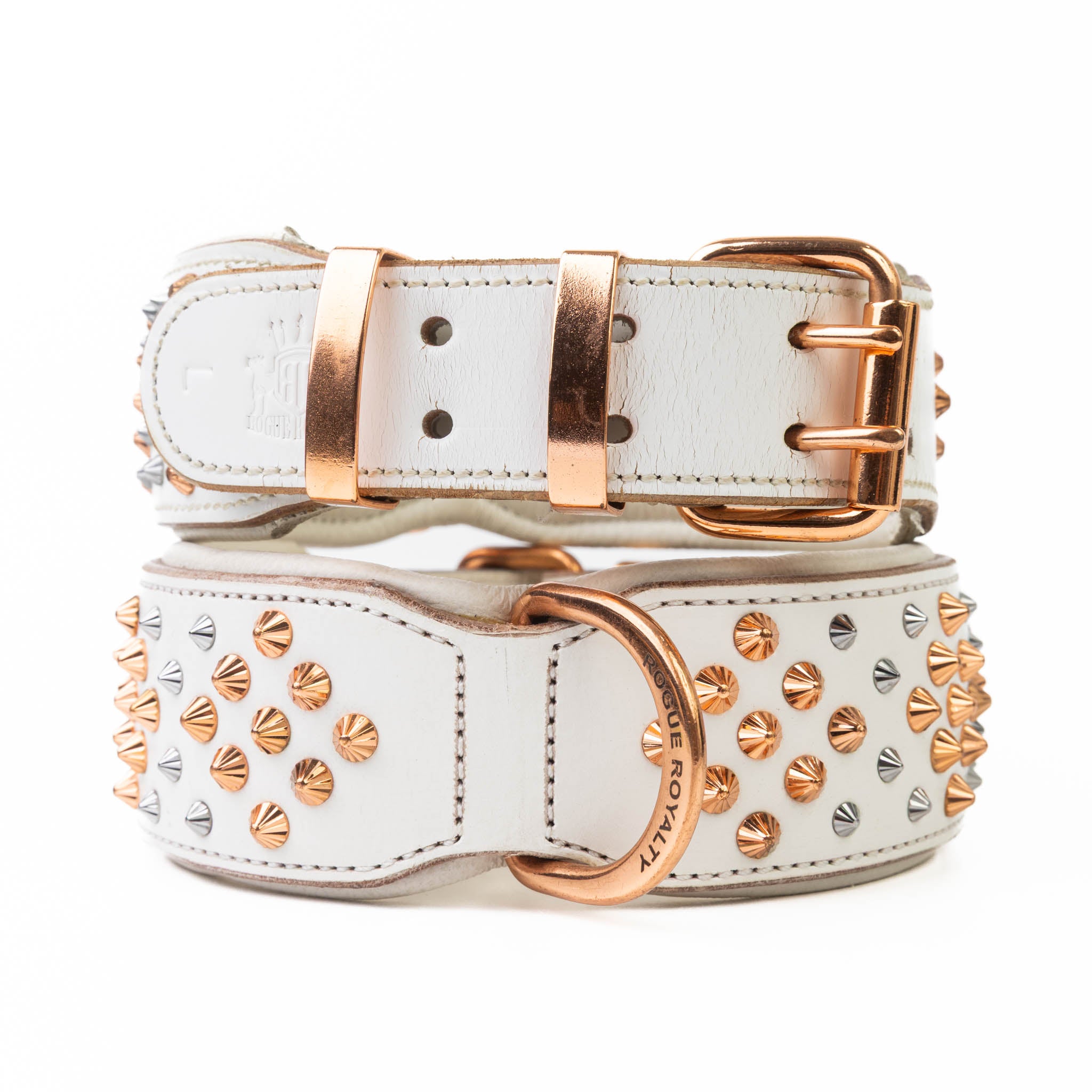 Hand Made Leather Dog Collar - ICED OUT ROSE GOLD (Wide Fit)