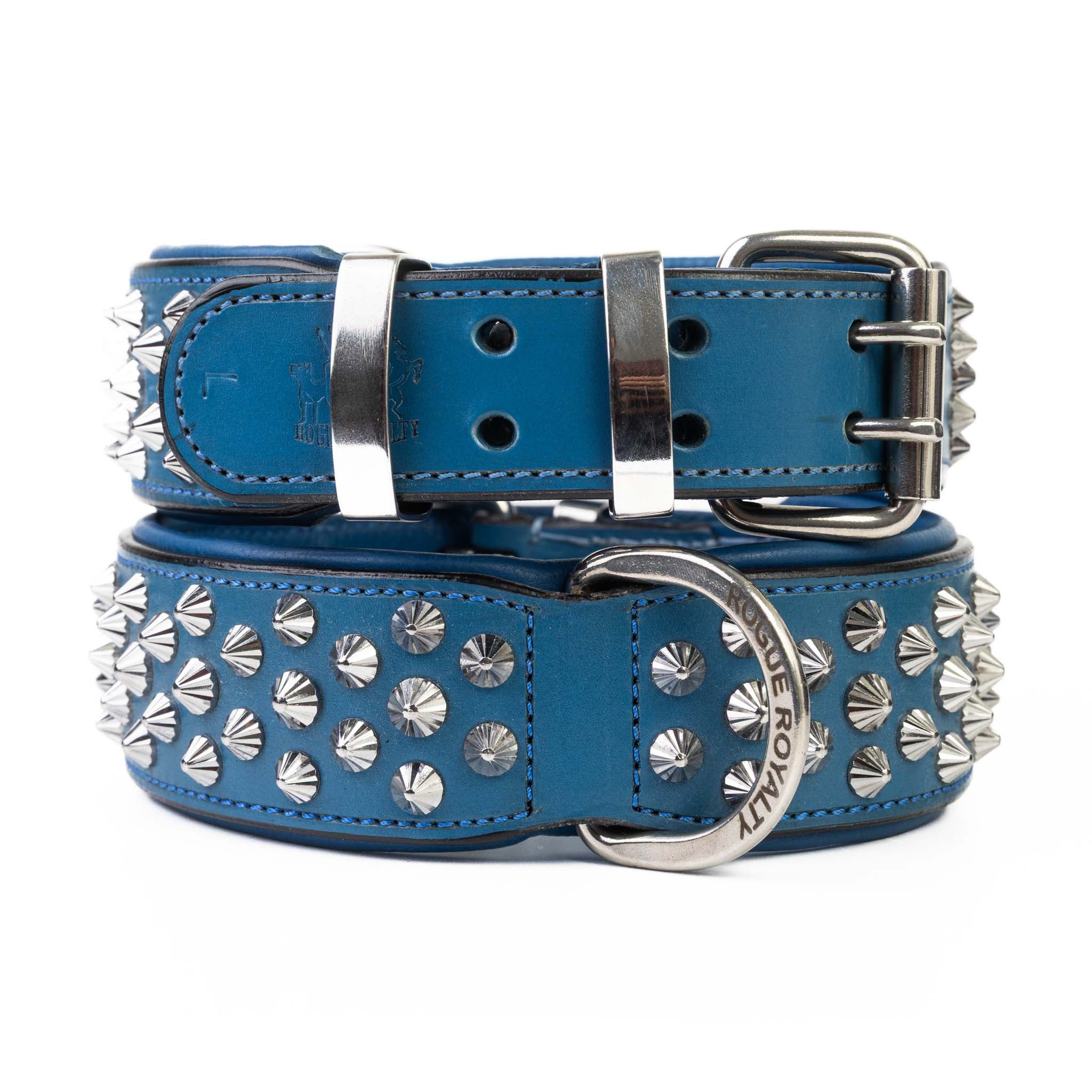 Hand Made Leather Dog Collar - Imperial Blue & Chrome (Wide Fit)