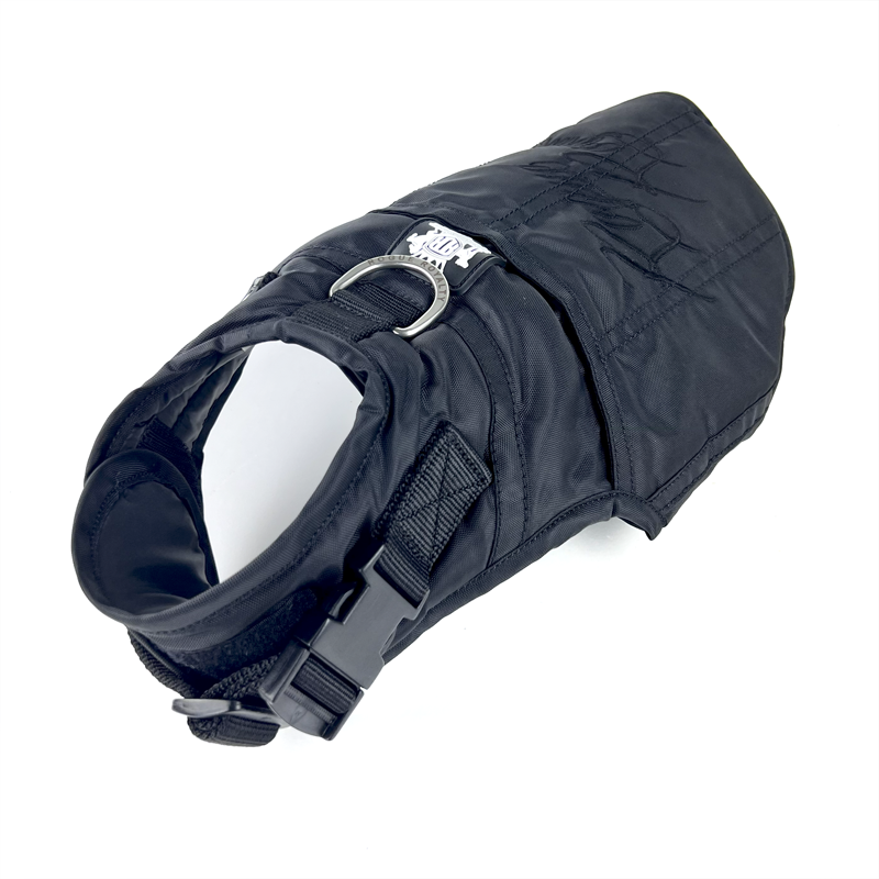 Top and side view of insulated waterproof winter dog jacket for active dogs of all sizes.