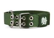 Side view of Strong green dog collar with metal buckle for big dogs.