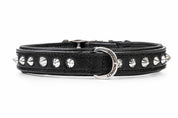 Hand Made Leather Dog Collar - Black Leather & Chrome Metal Slim Fit Size