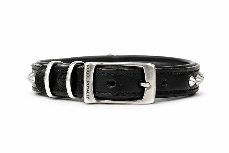Hand Made Leather Dog Collar - Black Leather & Chrome Metal Slim Fit Size