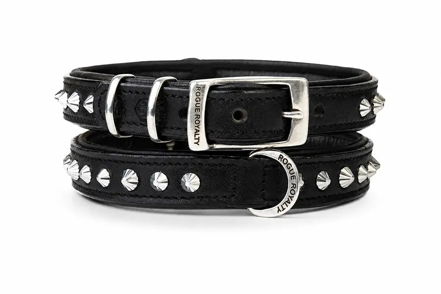 Hand Made Leather Dog Collar - Black Leather & Chrome Metal Slim Fit Size