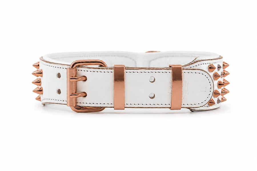 Hand Made Leather Dog Collar - Imperial White & Rose Gold (Wide Fit)