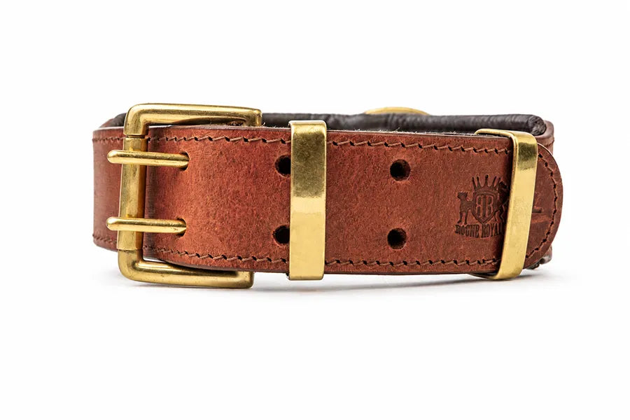 Hand Made Leather Dog Collar - Brown Color, Brass Metal and Wide Fit Size