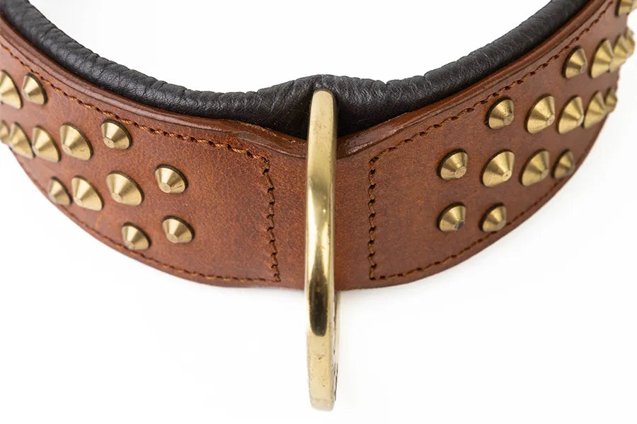 Hand Made Leather Dog Collar - Brown Color, Brass Metal and Wide Fit Size