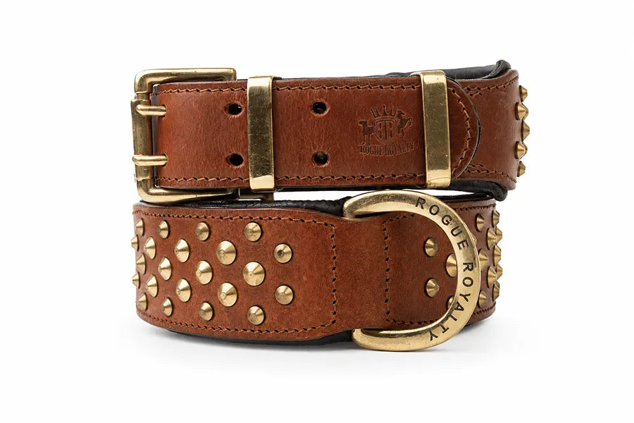 Hand Made Leather Dog Collar - Brown Color, Brass Metal and Wide Fit Size