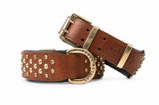 Hand Made Leather Dog Collar - Brown Color, Brass Metal and Wide Fit Size