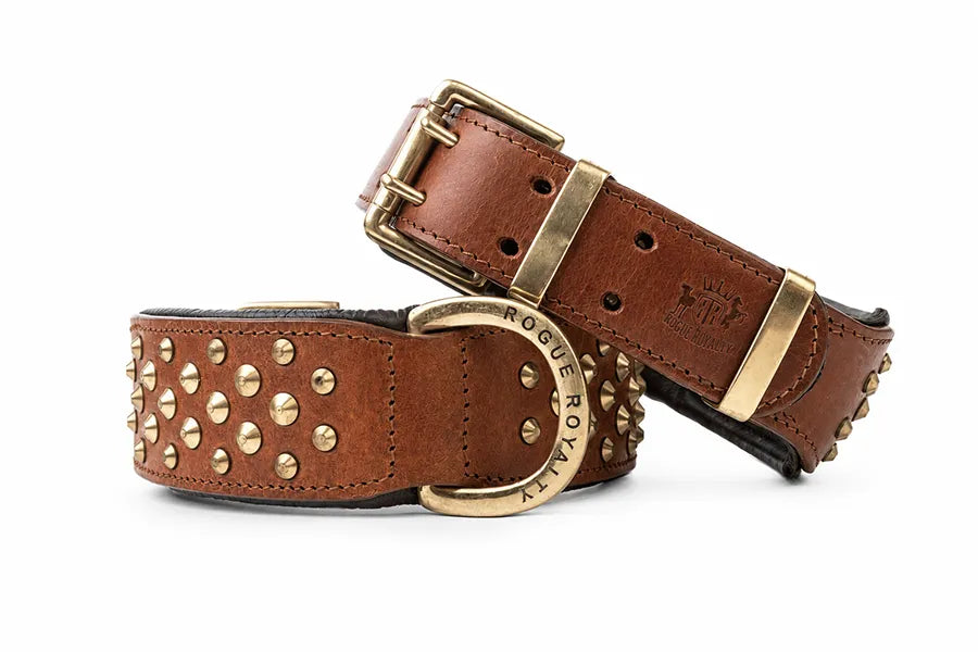 Hand Made Leather Dog Collar - Brown Color, Brass Metal and Wide Fit Size