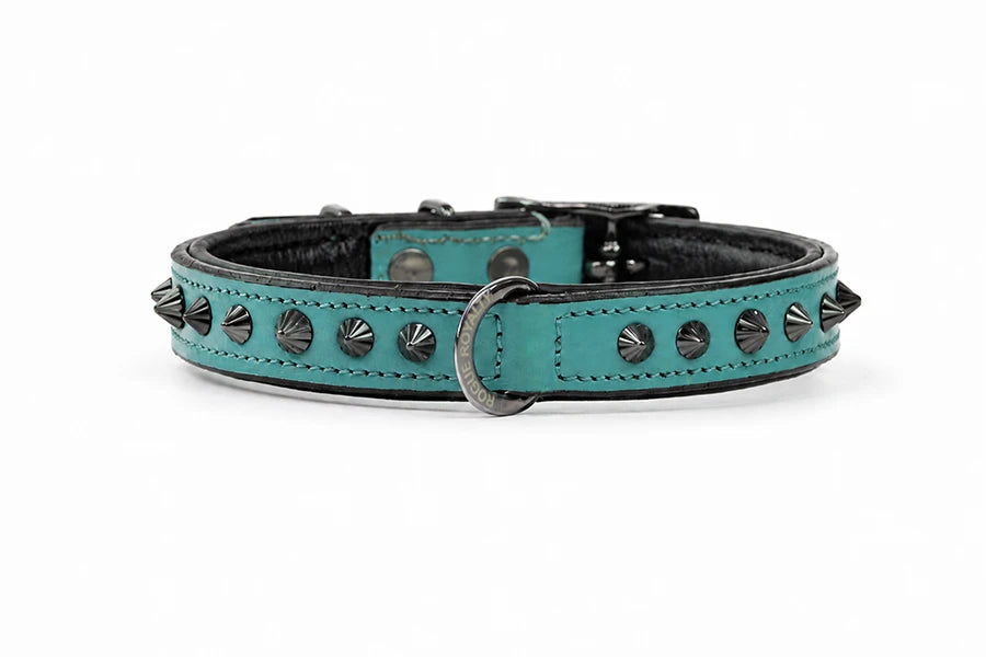 Hand Made Leather Dog Collar - Ruthless Teal & Black (Slim Fit)