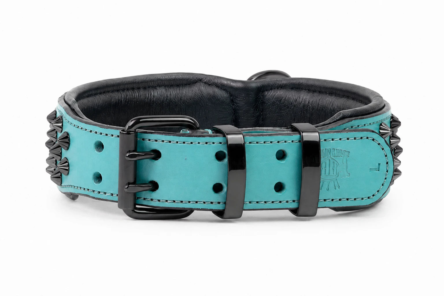 Hand Made Leather Dog Collar - Teal Leather and Black Metal