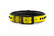 Hand Made Leather Dog Collar Yellow Leather, Black Metal and Slim Fit Size