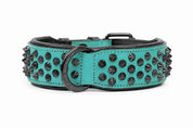 Hand Made Leather Dog Collar - Teal Leather and Black Metal studs