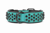 Hand Made Leather Dog Collar - Ruthless Teal & Black (Wide Fit)