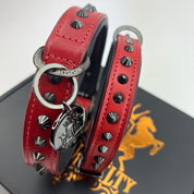 top view of red studded dog collar