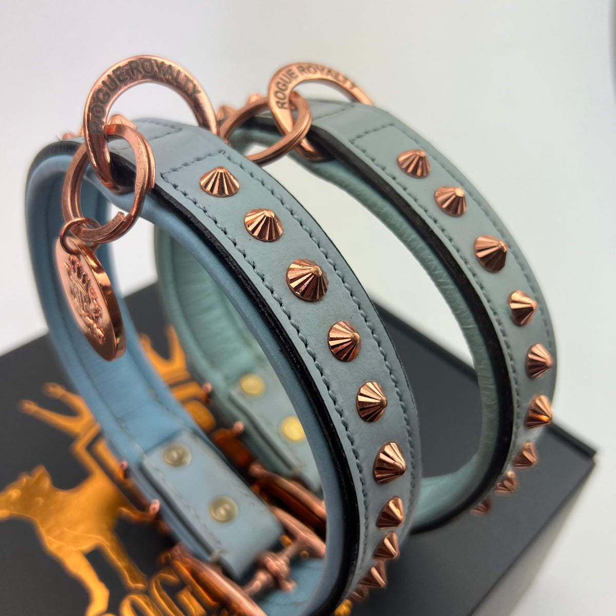 Hand Made Leather Dog Collar - Imperial Baby Blue &amp; Rose Gold (Slimfit)