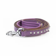 Purple dog leash with silver hardware on a white background