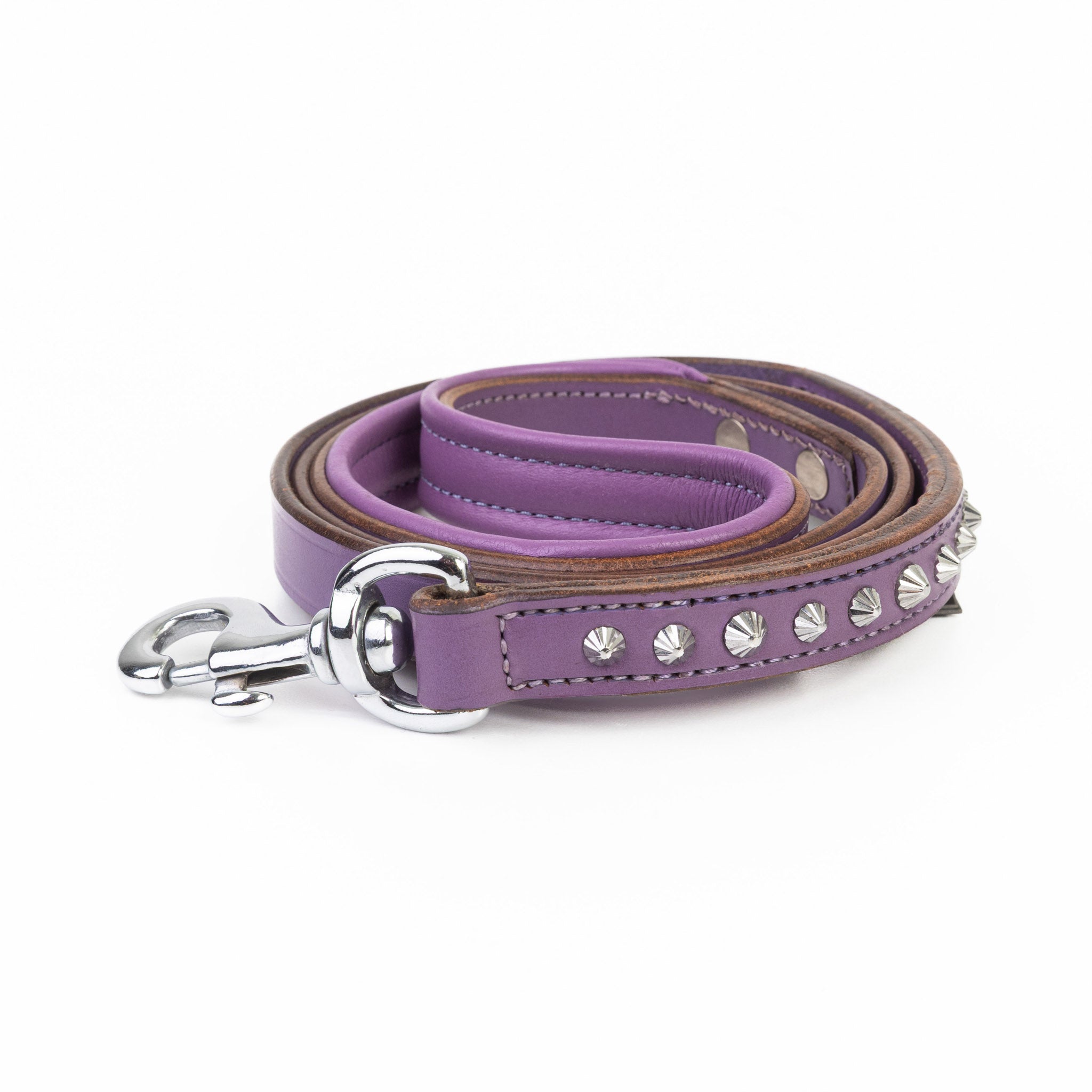 Purple dog leash with silver hardware on a white background
