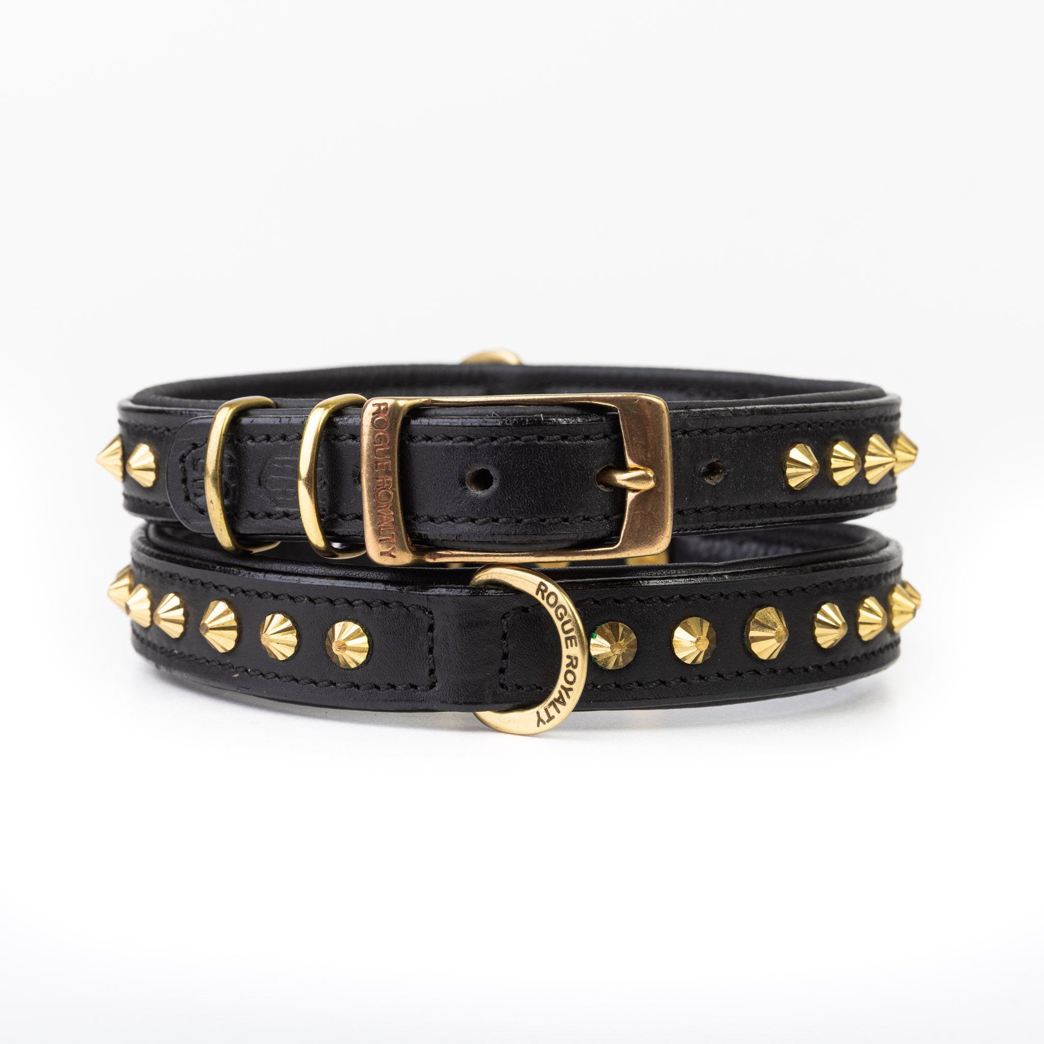 Hand Made Leather Dog Collar - Ruthless Black & Brass (Slim Fit)
