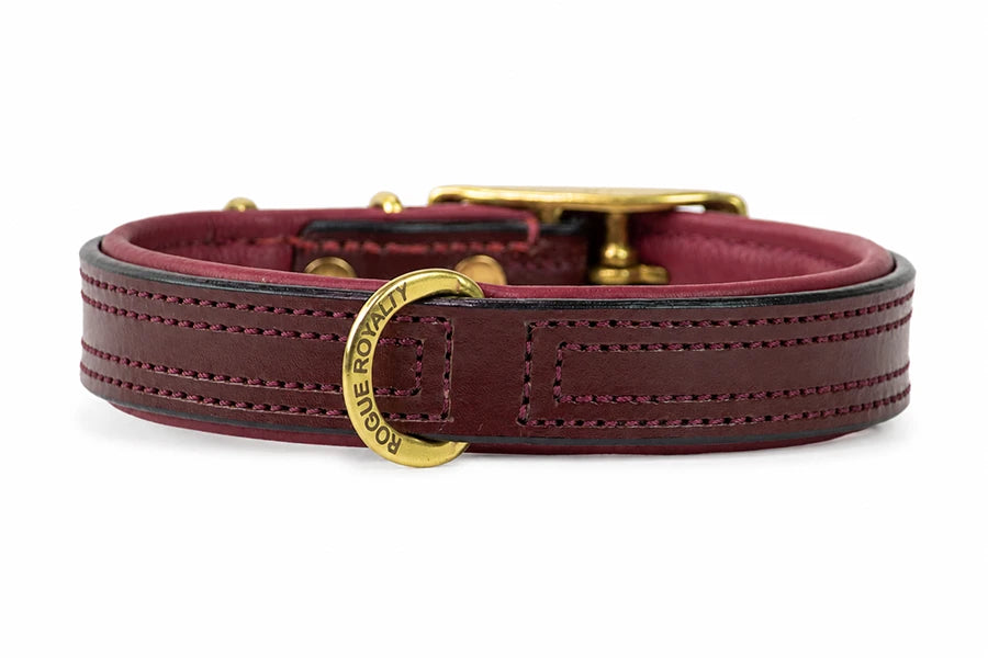 Tuscan Burgundy leather dog collar with gold buckle