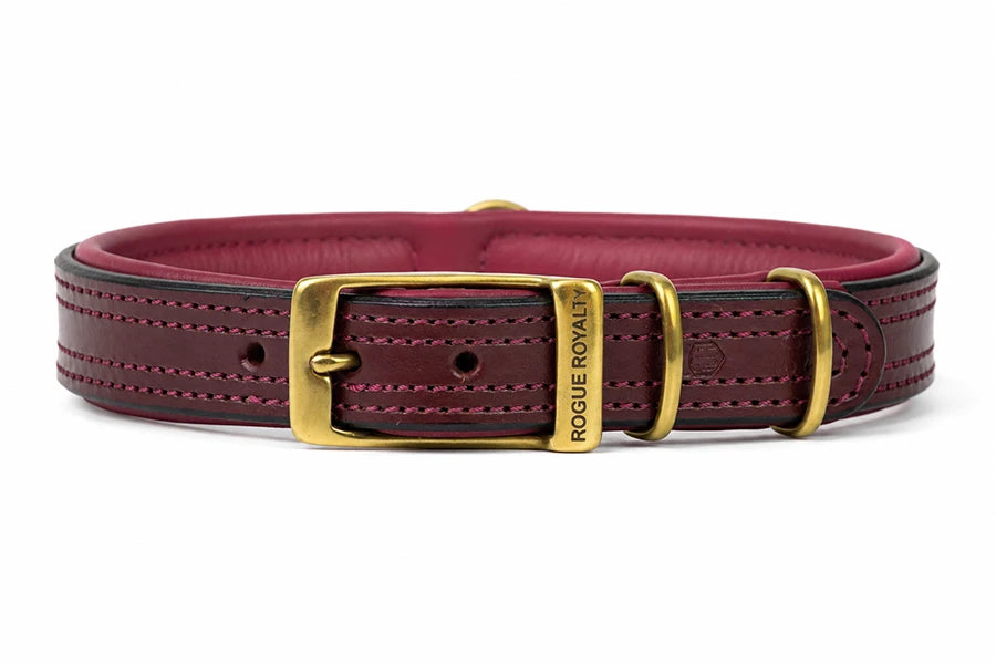 Side view of Tuscan Burgundy leather dog collar withbrass buckle