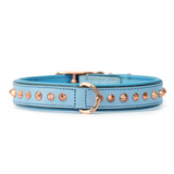 Hand Made Leather Dog Collar - Imperial Baby Blue & Rose Gold (Slim fit)