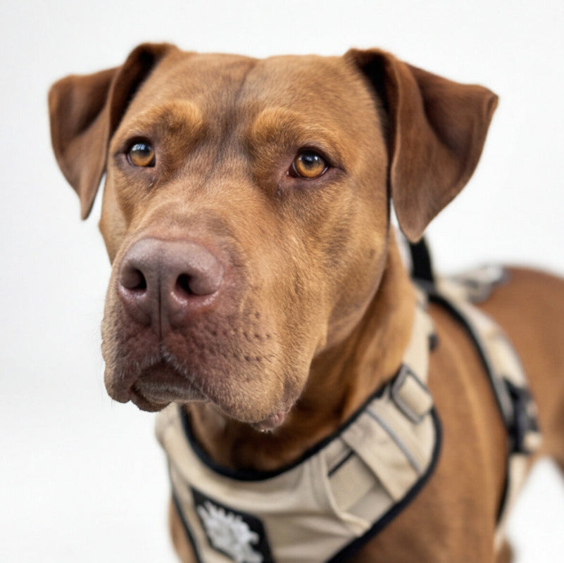 Brown dog wearing a Rogue  Royalty  support dog harness on a white background