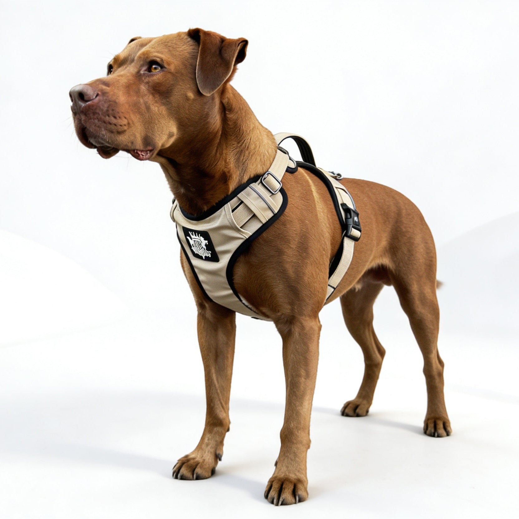 Pitbull terrier  wearing a harness on a white background