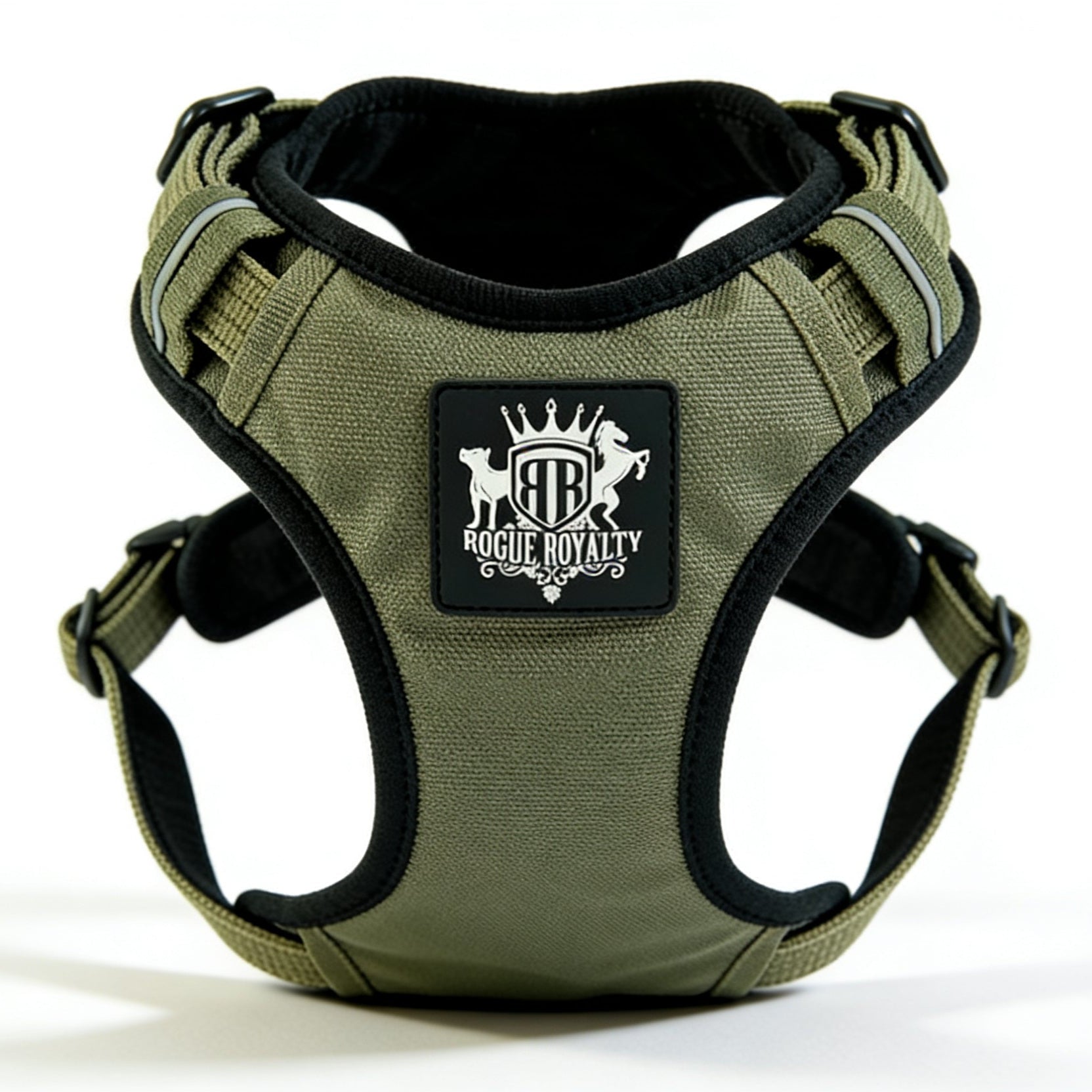 Green Rogue Royalty support padded dog harness with a brand logo on a white background
