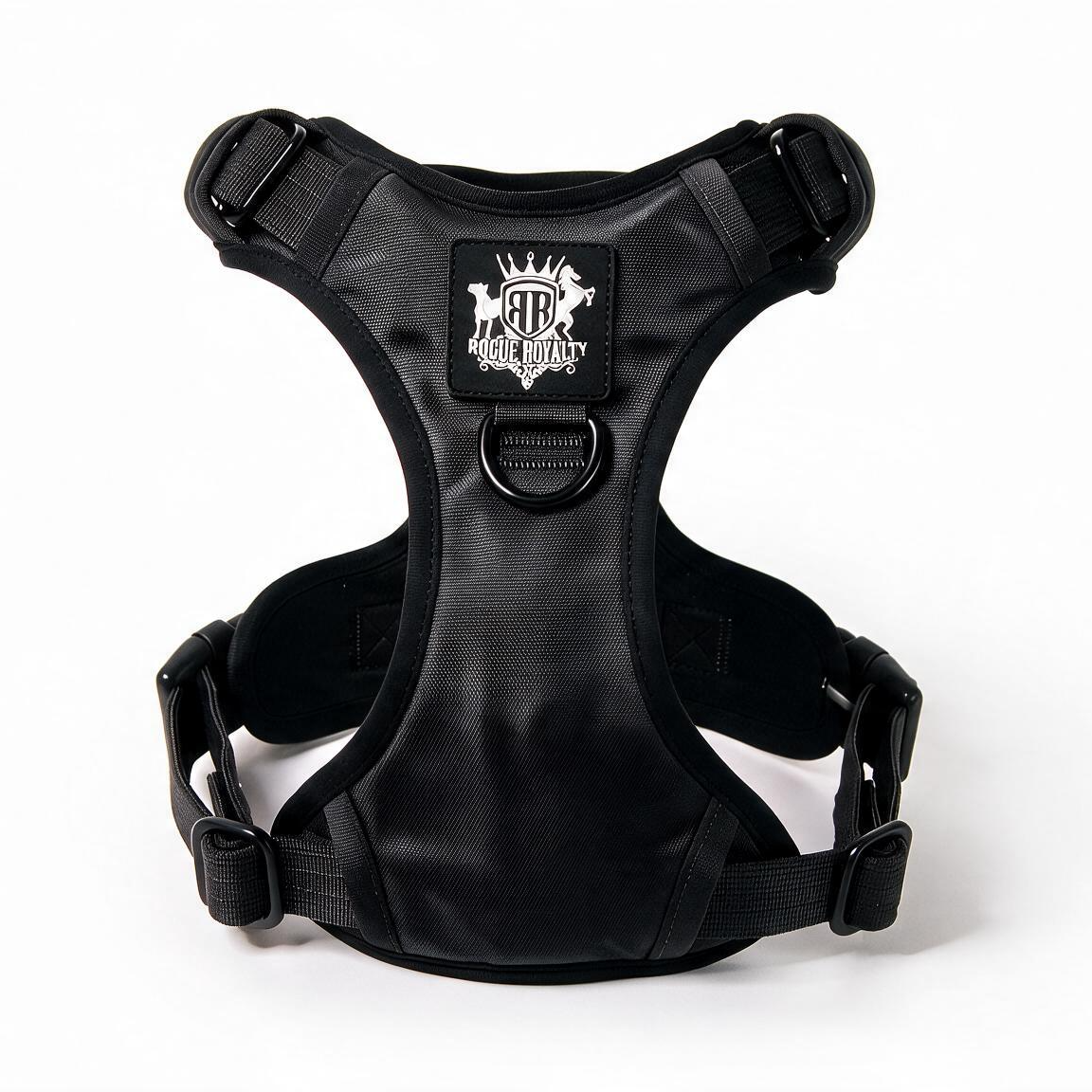 Rogue Royalty support walking  dog harness with adjustable straps, plastic buckles, and a central brand patch reading Rogue Royalty 