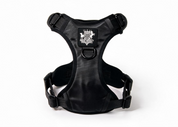 Rogue Royalty support walking  dog harness with adjustable straps, plastic buckles, and a central brand patch reading Rogue Royalty 