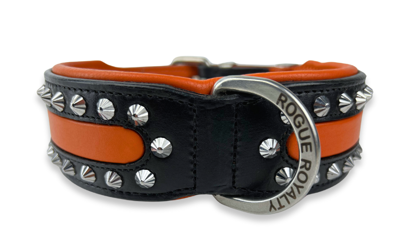 Hand Made Leather Dog Collar - Rogue Rider | Orange &amp; Black