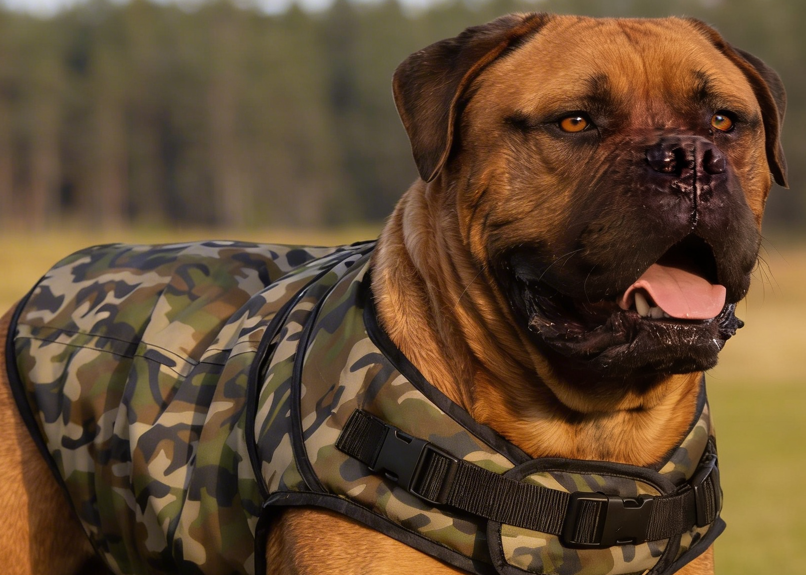 A fawn-colored dog standing in a grassy field wearing a Rogue Royalty camouflage dog coat with black trim
