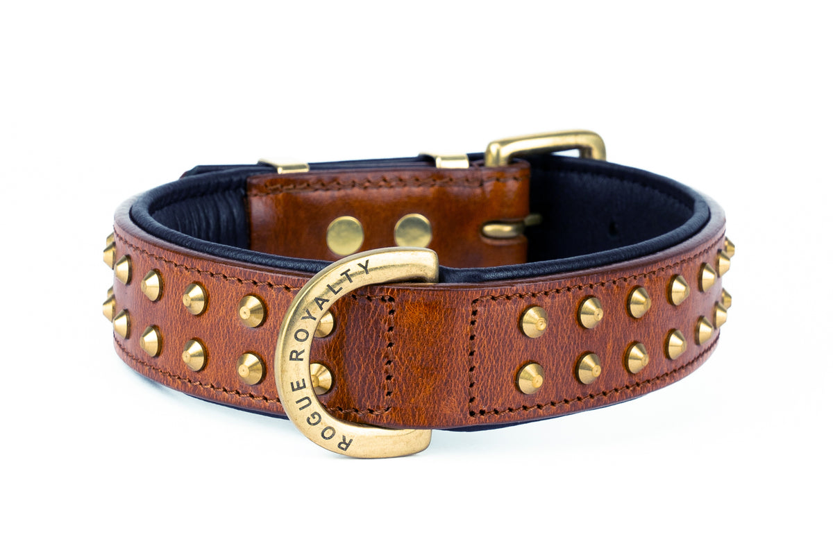 Side view of hand made brown leather dog collar with brass studs and fittings.