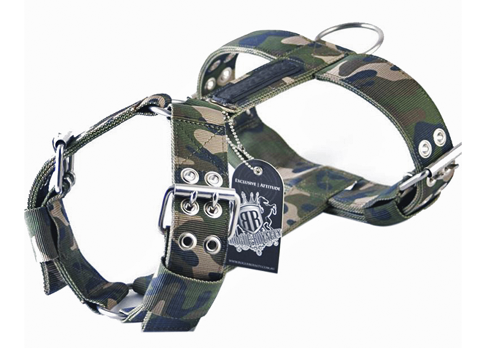 side view of strong camo dog harness