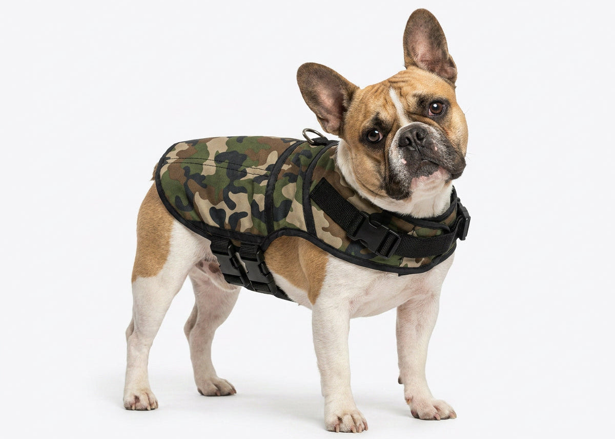 Dog wearing a camoflague dog jacket a white background